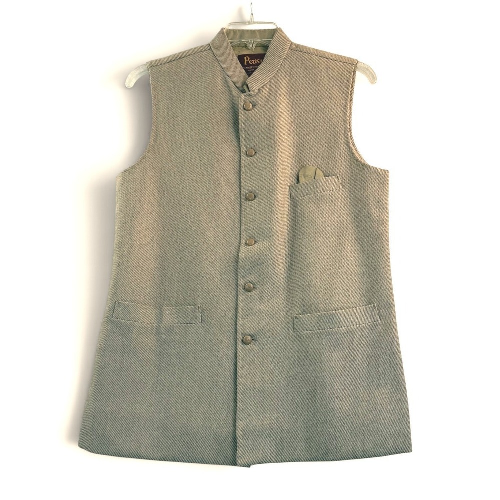 Pensy Nehru Vest 38 Beige Textured Waistcoat Mandarin Collar Button Front PGL - Picture 1 of 10